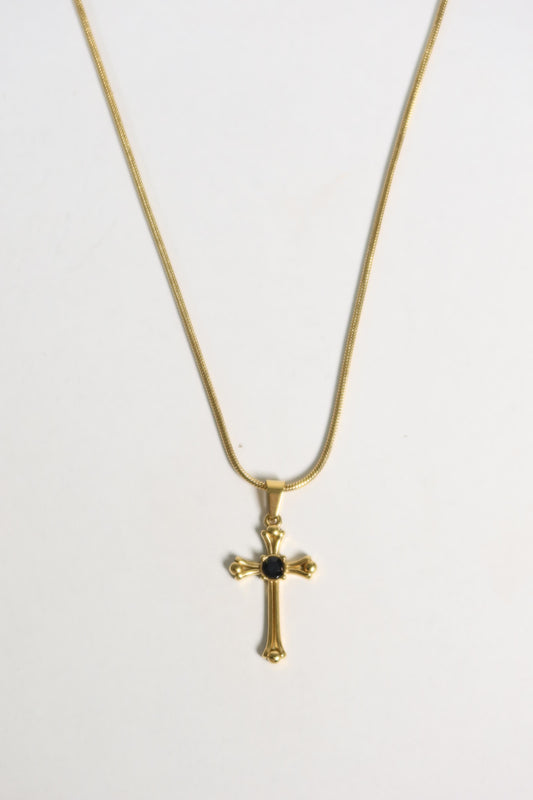 Colar Cruz Zircônia Preta de Aço Inoxidável Dourado