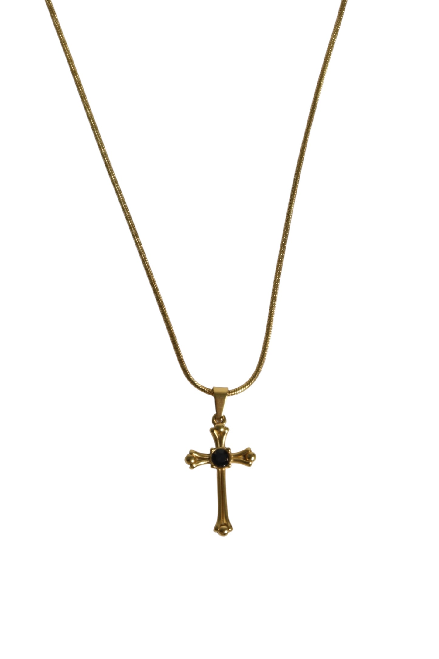 Colar Cruz Zircônia Preta de Aço Inoxidável Dourado